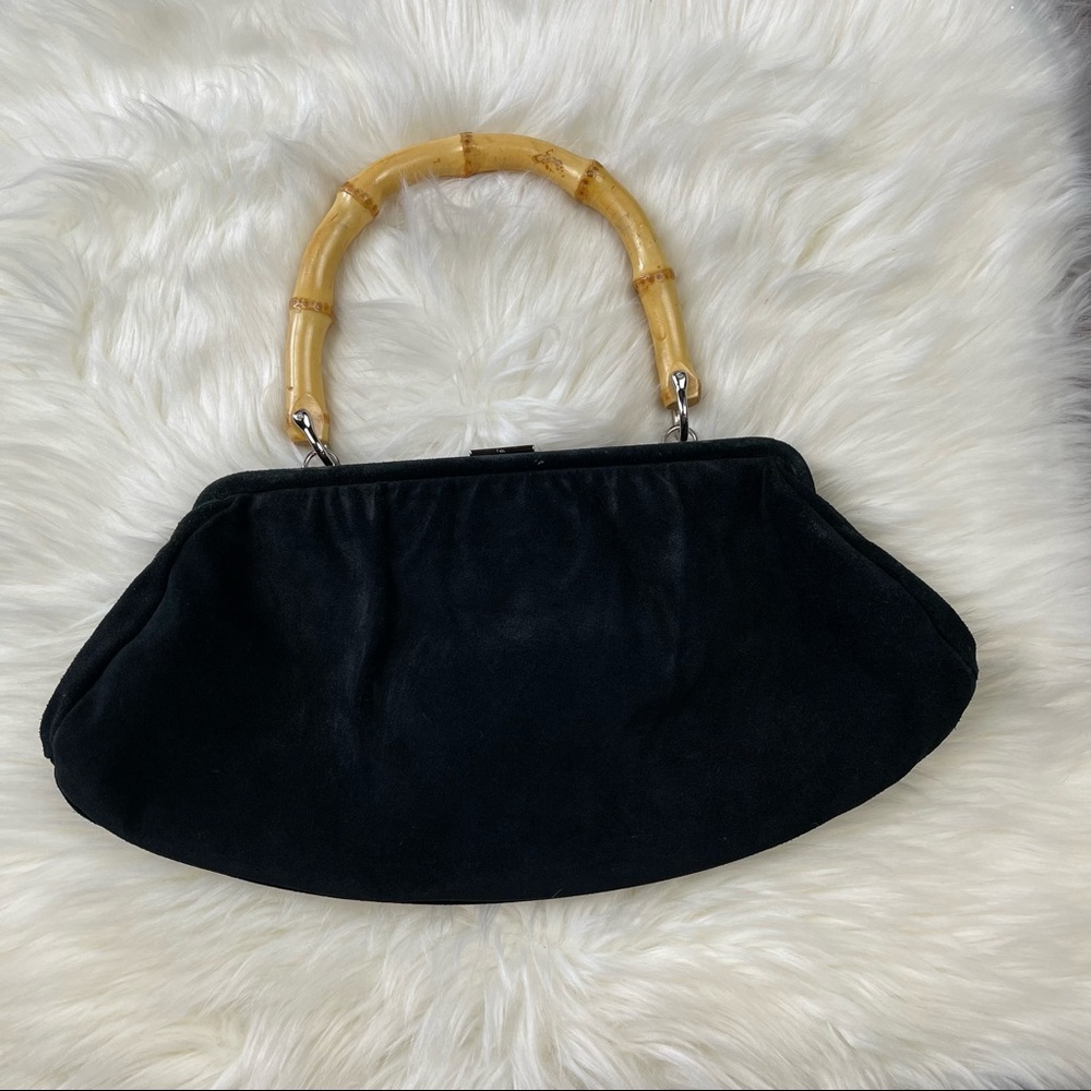 Banana Republic Retro Vintage Inspired Black Suede Bamboo Handle Clutch Bag